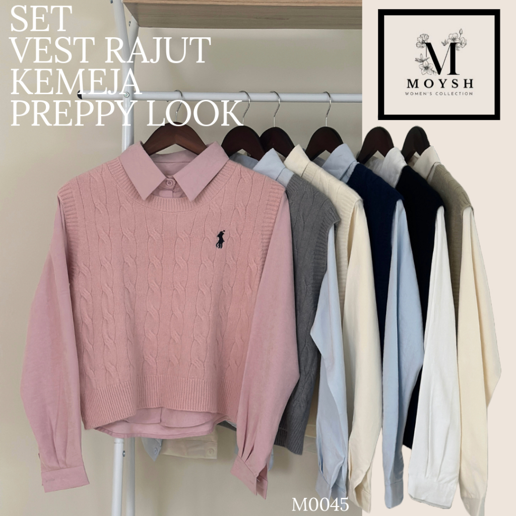MOYSH Set Vest Rajut Kemeja polos baju perempuan modis atasan cute gaya korean preppy