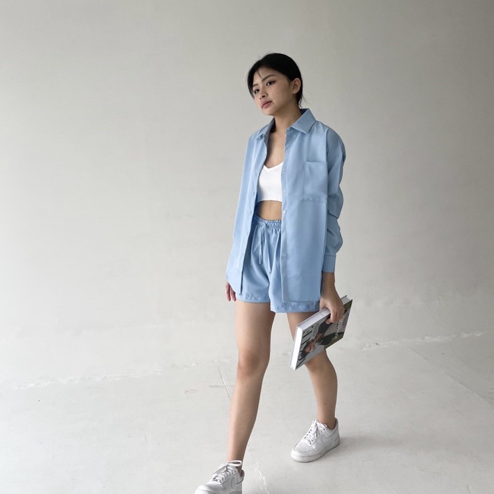 BLANC SET  Set Kemeja Wanita Panjang Setelan Celana Pendek Highwaist Short Oversized Korean Outer Sh