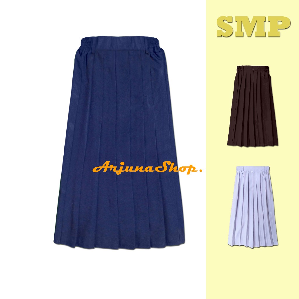 Rok Sekolah SMP Panjang Biru Putih Coklat | Rok Rempel SMP