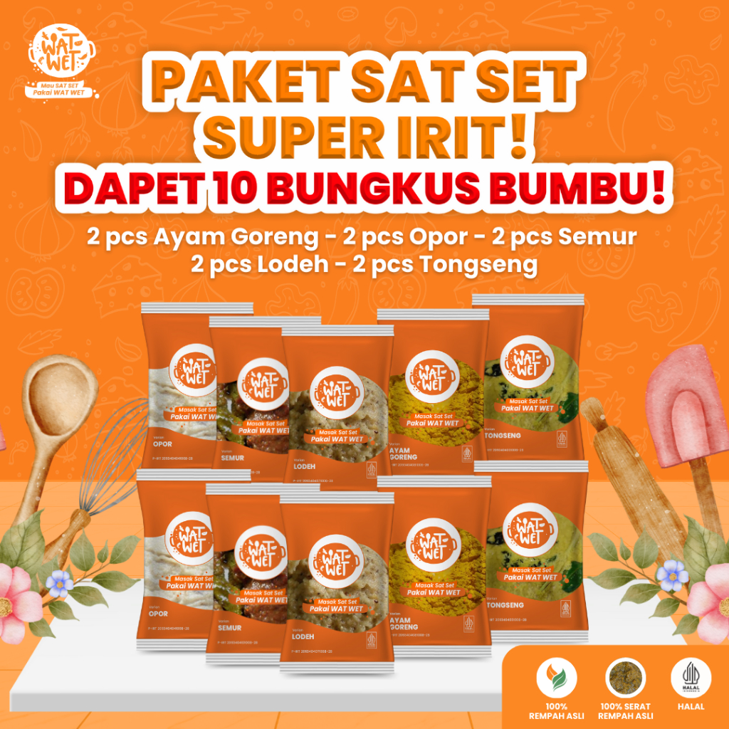 

[PAKET TERBARU] WAT WET - Bumbu Masak Instan Paket Sat Set Super Irit Isi 10 pcs 5 Varian | Opor, Ayam Goreng, Tongseng, Semur, Lodeh