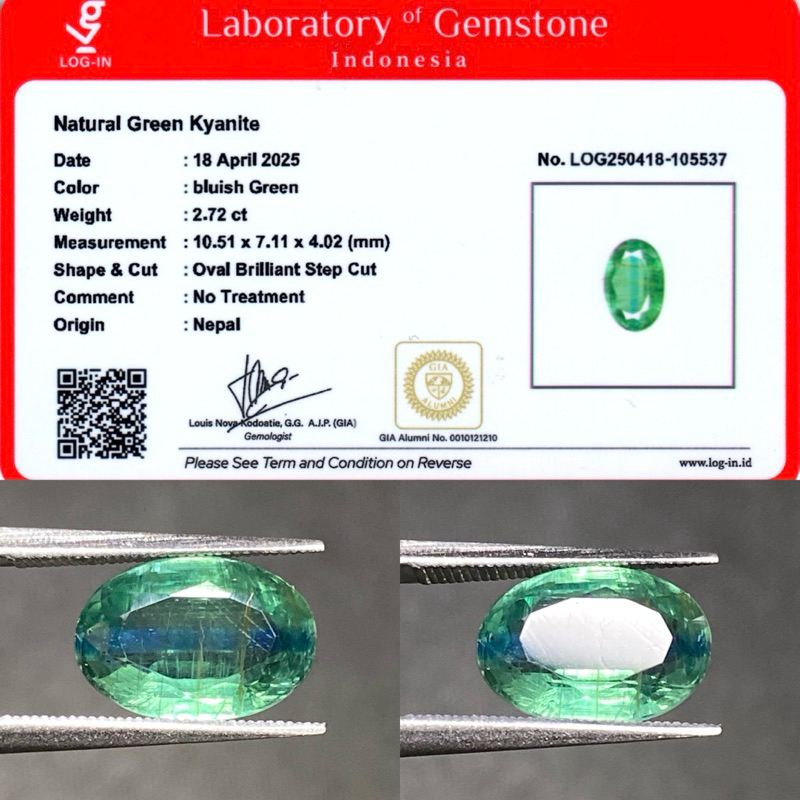 2,72 cts Natural blusih Green Kyanite origin Nepal No Treatment Memo LOGIN alternaitf zamrud