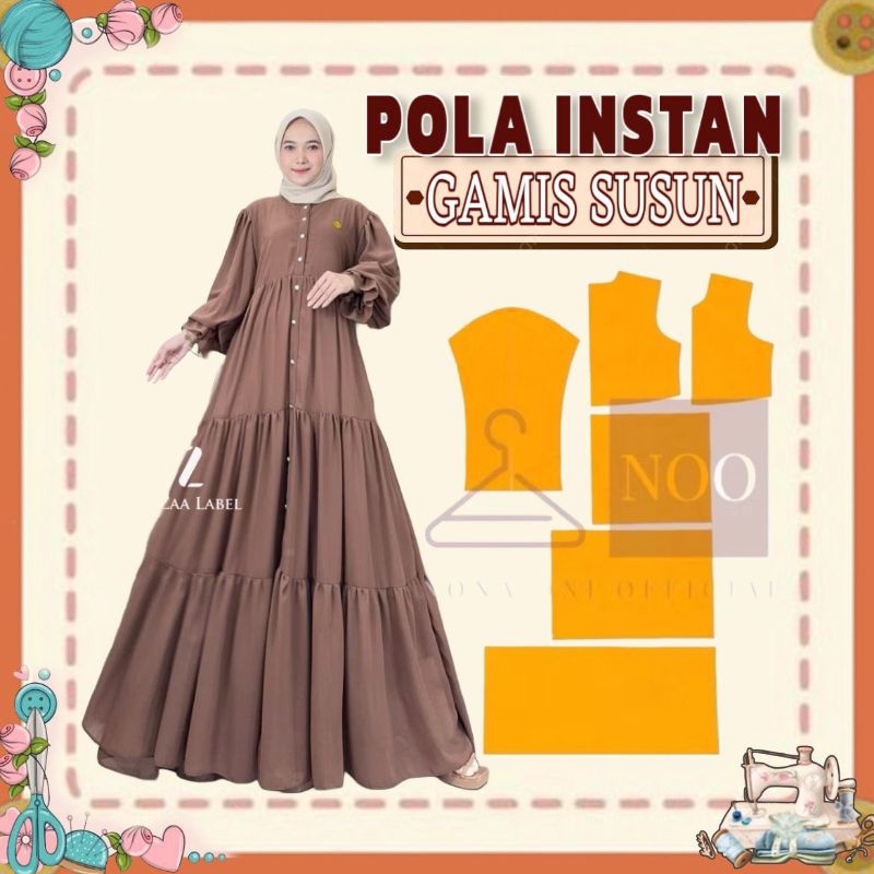 POLA INSTAN gamis susun lengan puff simpel dewasa - pola jiplak gamis susun - pola jahit dress susun