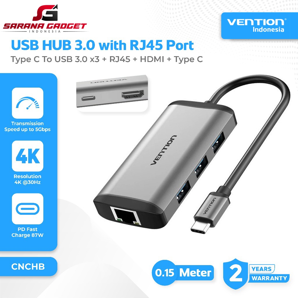 VENTION CNCHB HUB Type C Male Thunderbolt 3.0 to RJ45 LAN Port HDMI 4K 30Hz 3x USB 3.0 PD 87W Female