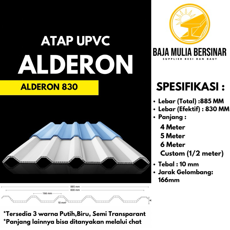 Atap Alderon 830 Double Layer 100% Asli | Atap UPVC Alderon | Panjang 4,5,6, Custome (1/2 Meter) |
