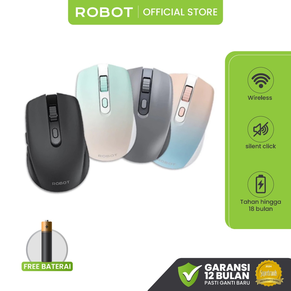 ROBOT Mouse Wireless Silent Klik Optical Receiver USB 2.4G Mouse Laptop M370 Original Garansi 1 Tahu
