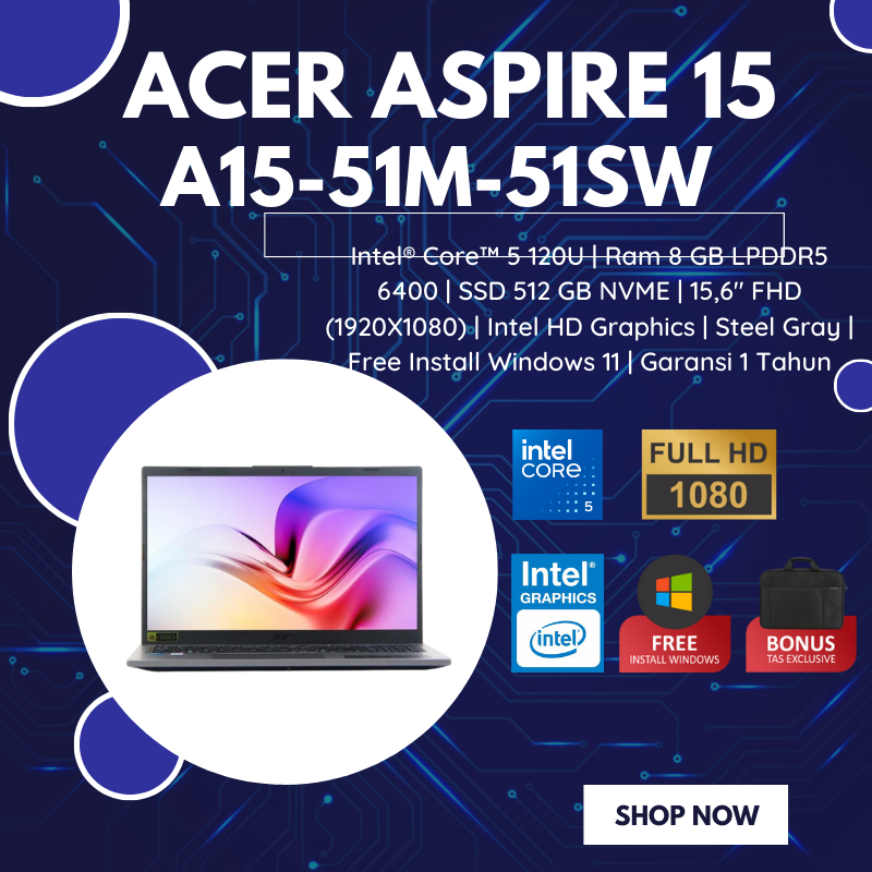 Laptop Processor Terbaru Acer Core 5 120U Gen 14 / Ram 8GB / SSD 512GB / NO OS / Garansi 1 Tahun / D