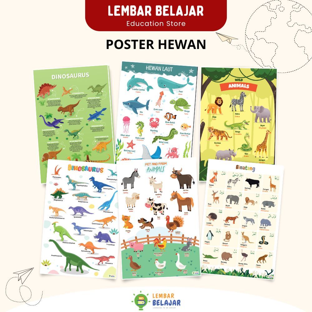 LEMBAR BELAJAR Poster Belajar Mengenal Hewan Bahasa Arab dan Inggris - Poster Seri Nama Binatang A3+