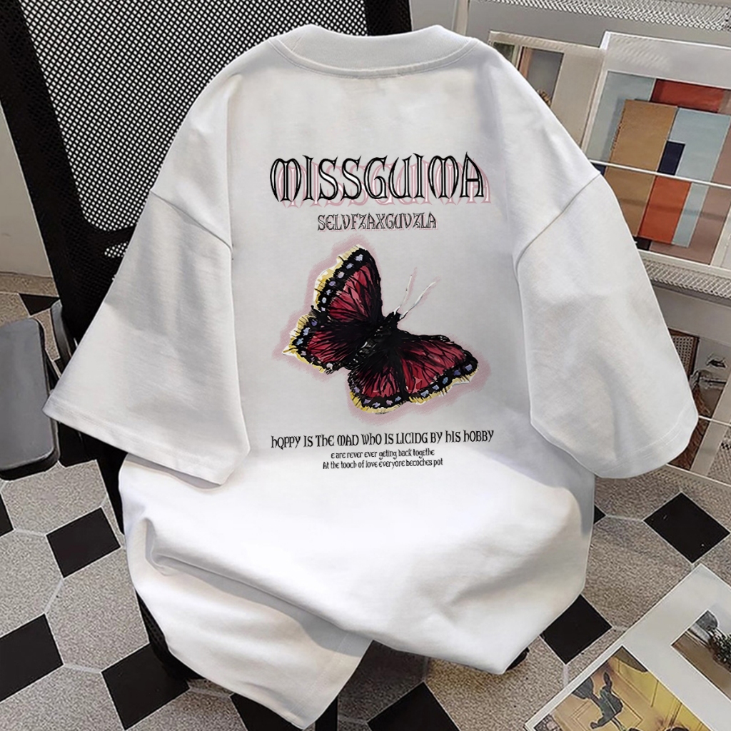 PINYUN Original Fit Kaos Oversized Tshirt Wanita American Style High Street Butterfly Printed Katun