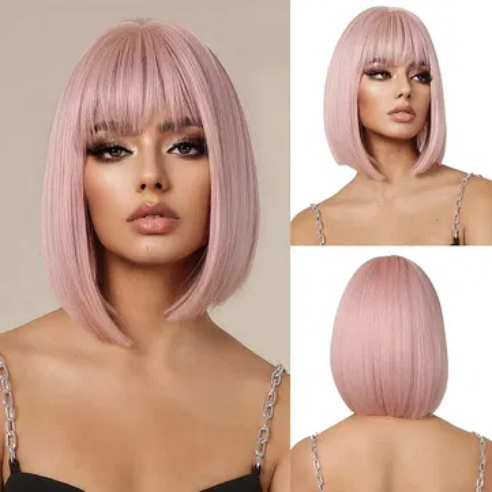 Wig Wanita Rambut Palsu Pendek Model Lurus Dengan Poni Warna Pink Model Bob EYO YUWL119