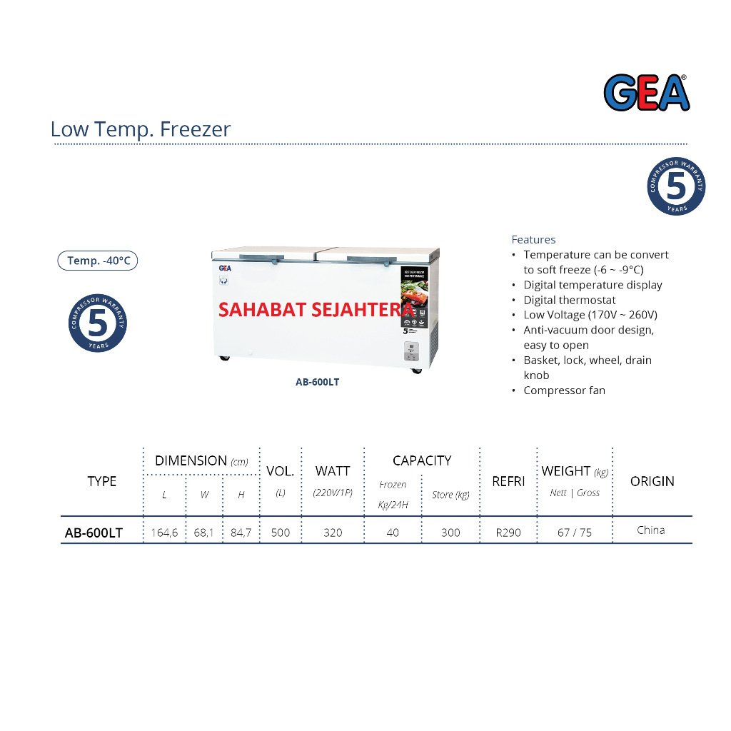 GEA Freezer Low Temp AB-600LT | Deep Freezer Daging, Obat, ASI | Kapasitas Besar Hemat Listrik