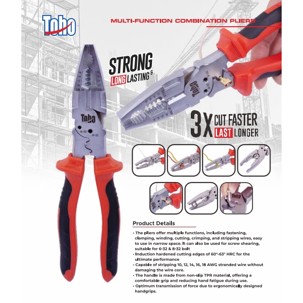Tang Kombinasi 8,5 Inch Multifungsi 7 in 1 Crimping Kupas Kabel Potong TOHO