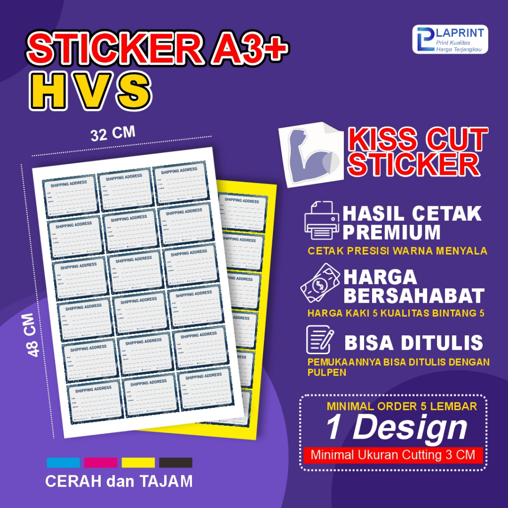 

Cetak Stiker HVS Kiss Cut A3+ Custom / Cetak Stiker Label Kemasan Murah
