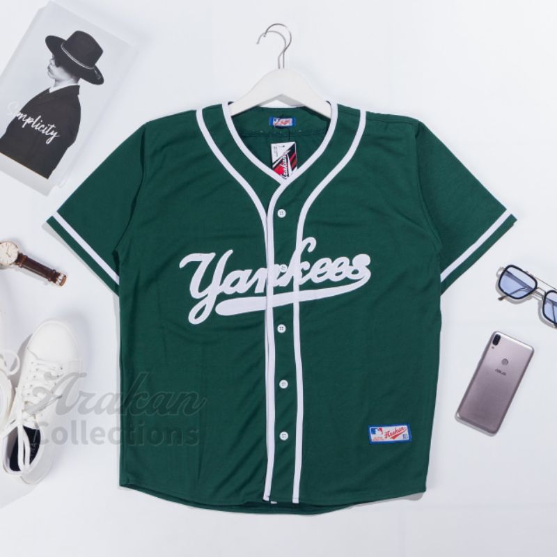 Jersey baseball warna hijau bordir oversize pria wanita