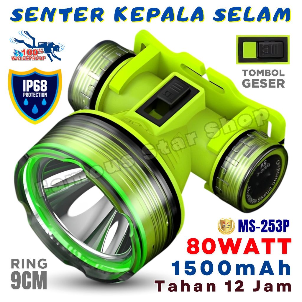 Senter Kepala Selam 80W Headlamp LED LASER Hijau Stabilo Cas Baterai Lithium 1500mAh Tahan 12 Jam Mi