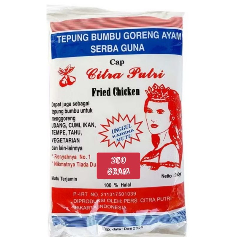 

250 gramTepung citra putri tepung bumbu goreng serba guna. ayam udang