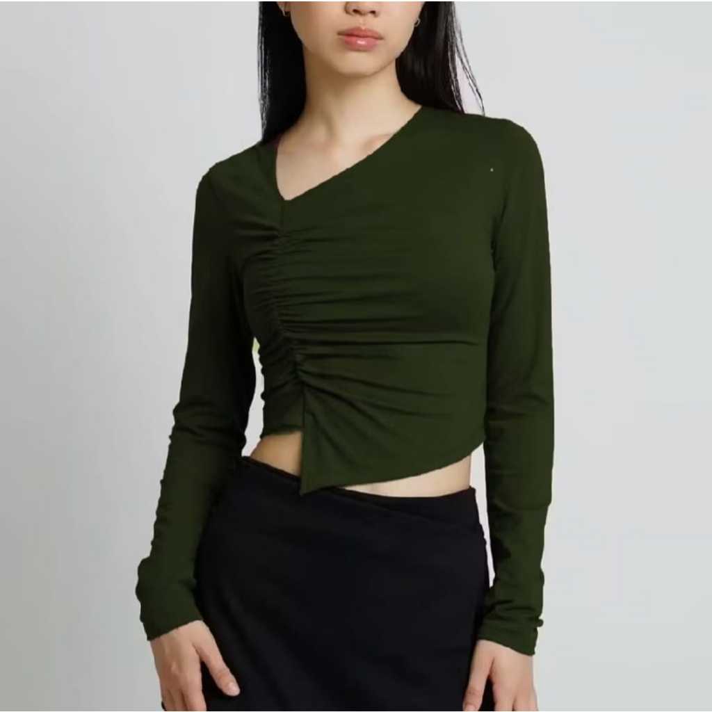 Atasan Wanita Crop Top Kerut Lengan Panjang 6036