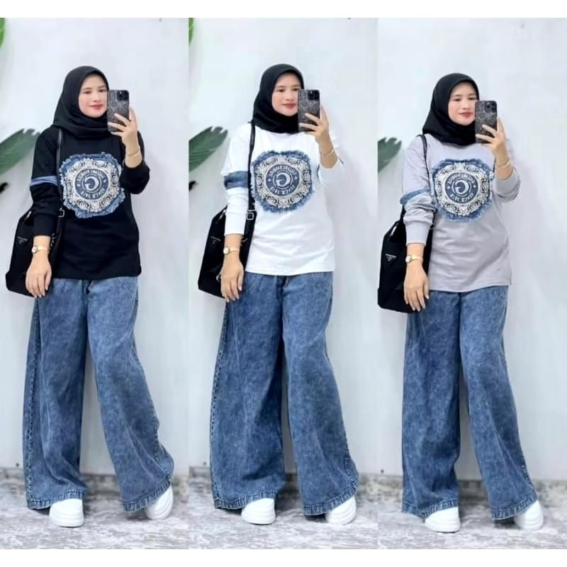 Set kulot jeans dengan atasan kaos premium