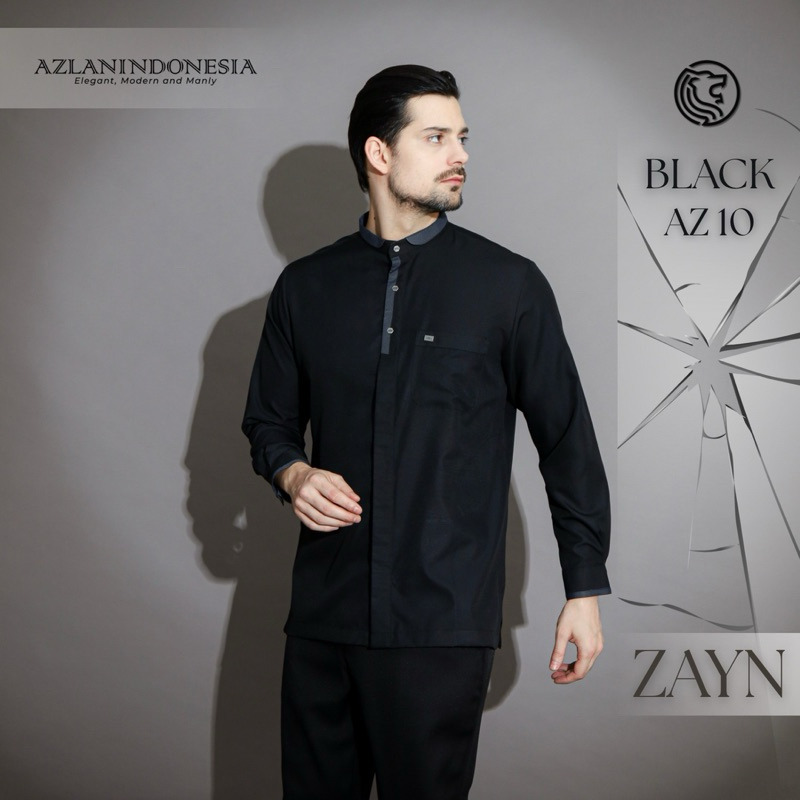 AZLAN Indonesia - Kemeja Koko Pria Zayn Hitam Baju Muslim Pria Warna Hitam Lengan Panjang AZ10