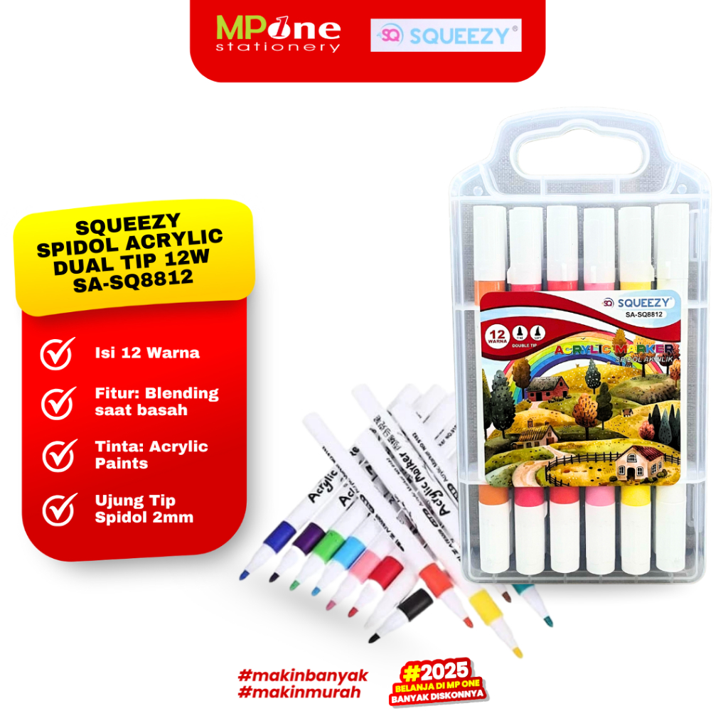 

Squeezy Acrylic Marker Dual Tip 12 Warna SQ8812 / Spidol Acrylic 12 Warna Dua Ujung Tip Squeezy