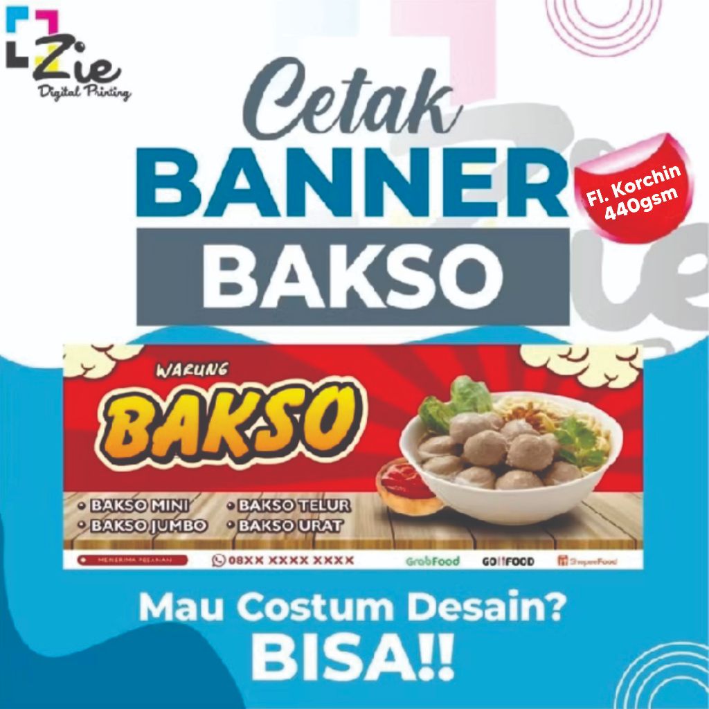 Cetak Banner Bakso Frontlite Bahan Korchin 440gr Spanduk Backdrop Custom