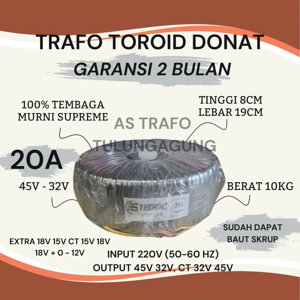 trafo toroid donat 20a ct 45v 32v murni