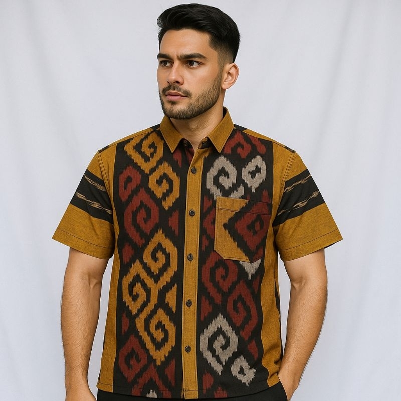 Baju Kemeja tenun pria etnik jepara motif toraja warna merah kuning