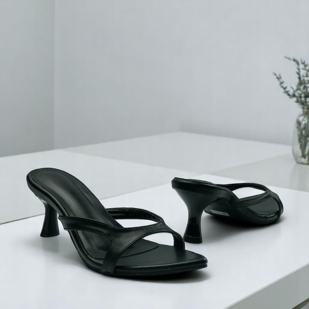 NUNEZ Velena Heels Kekinian Tinggi Hak 6.5cm Full Hitam sandal hak tinggi wanita