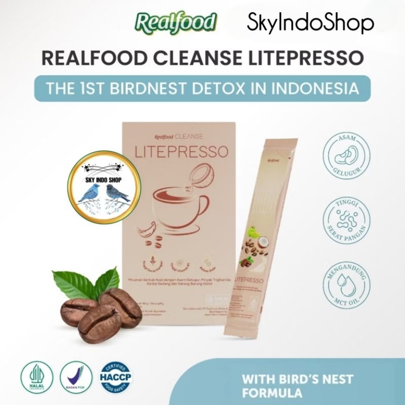 

Realfood Kopi Pelangsing | Coffee Birdnest | Cleanse Bird’s Nest MCT Coffee | Litepresso ( 12 Sachet ) | Minuman Kopi Kandungan Buah Dan Sarang Burung Walet Bersertifikat BPOM HALAL