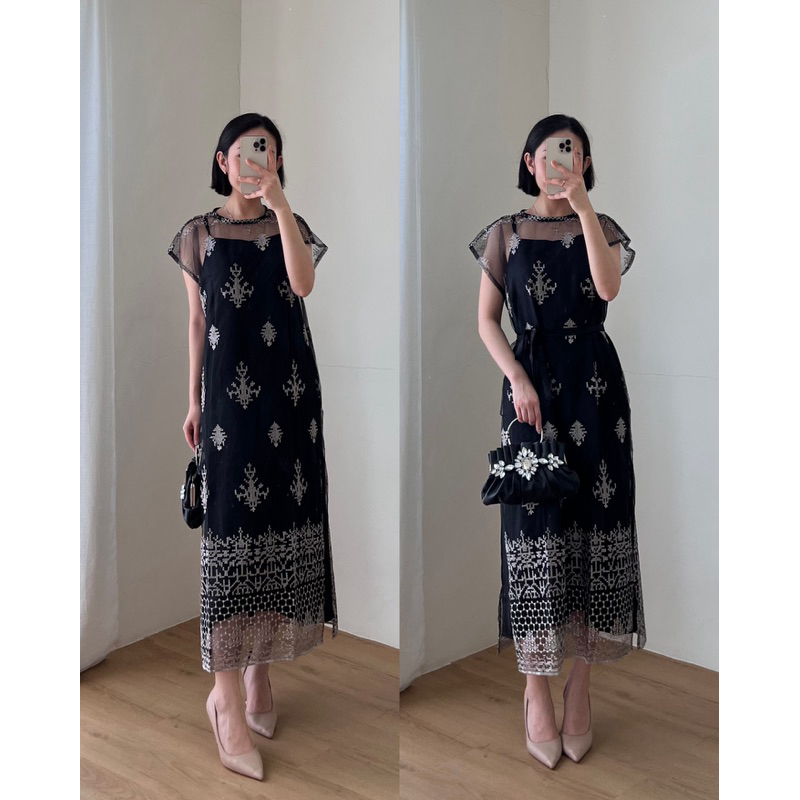 Gaun Pesta Brokat Wanita dengan Inner Satin dan Outer Lace Warna Hitam Biru Emas Perunggu Pink Roseg