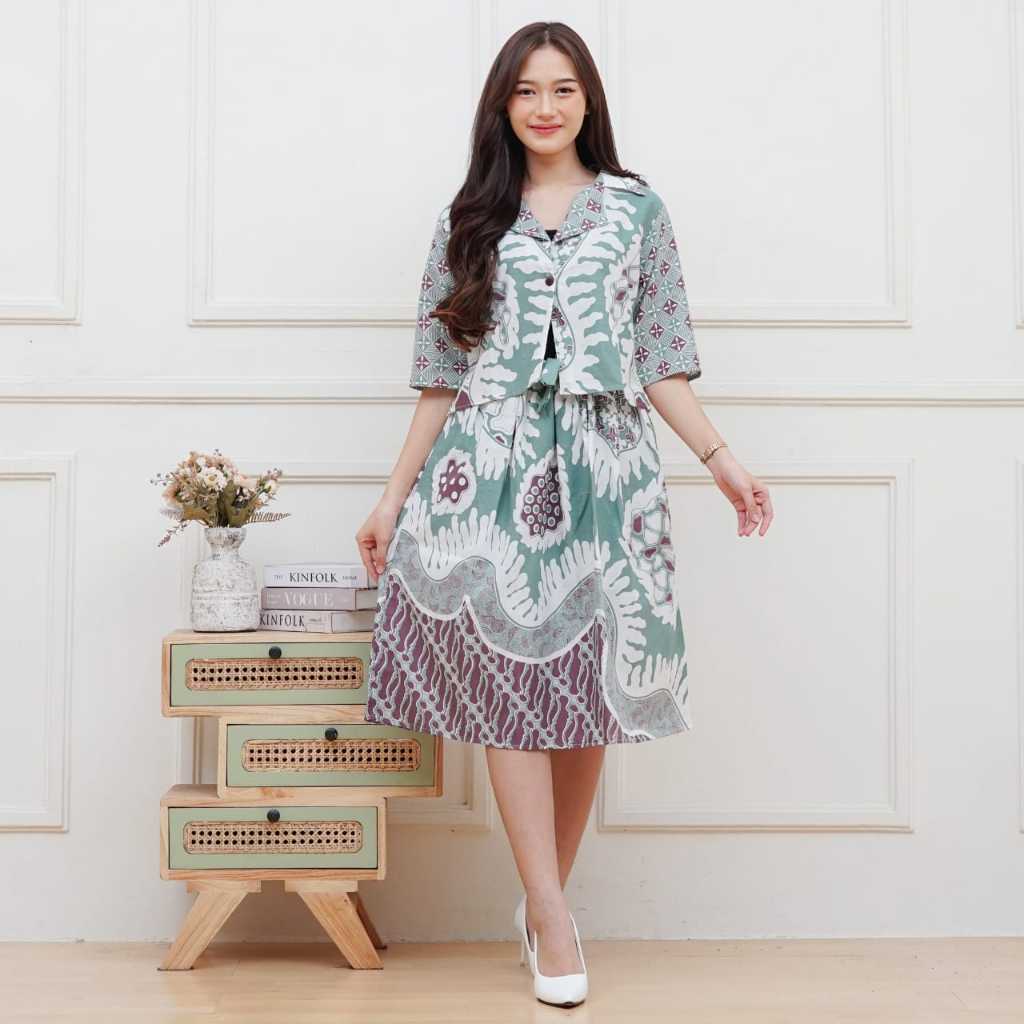 Setelan Rok Batik Kantor Bahan Katun untuk Wanita - Baju Celana Atasan Dewasa Kulot Pendek