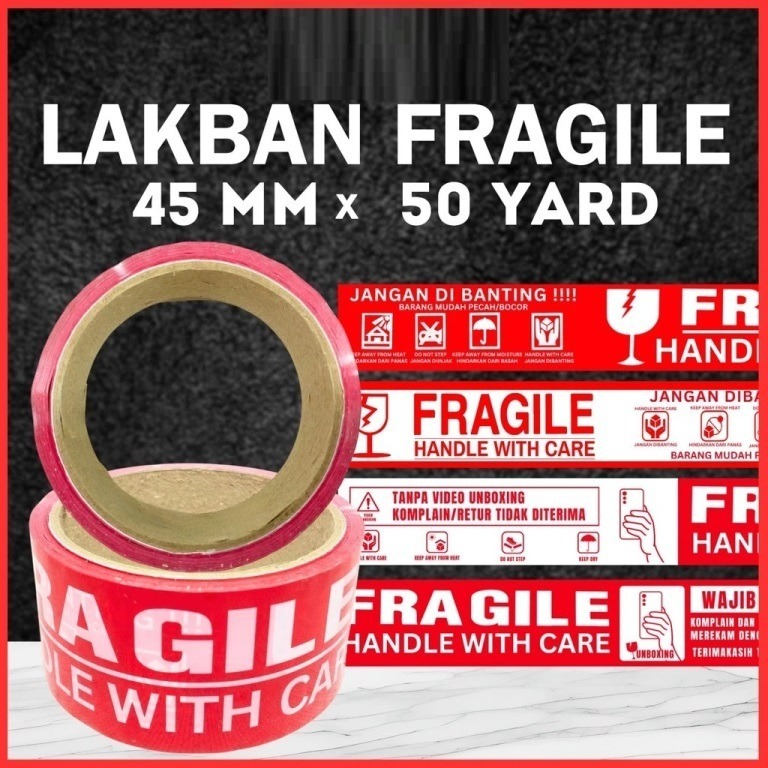

LAKBAN FRAGILE BESAR 50Y warna random merah putih 50 yard 48mm merk random toko mbah ning tokombahning