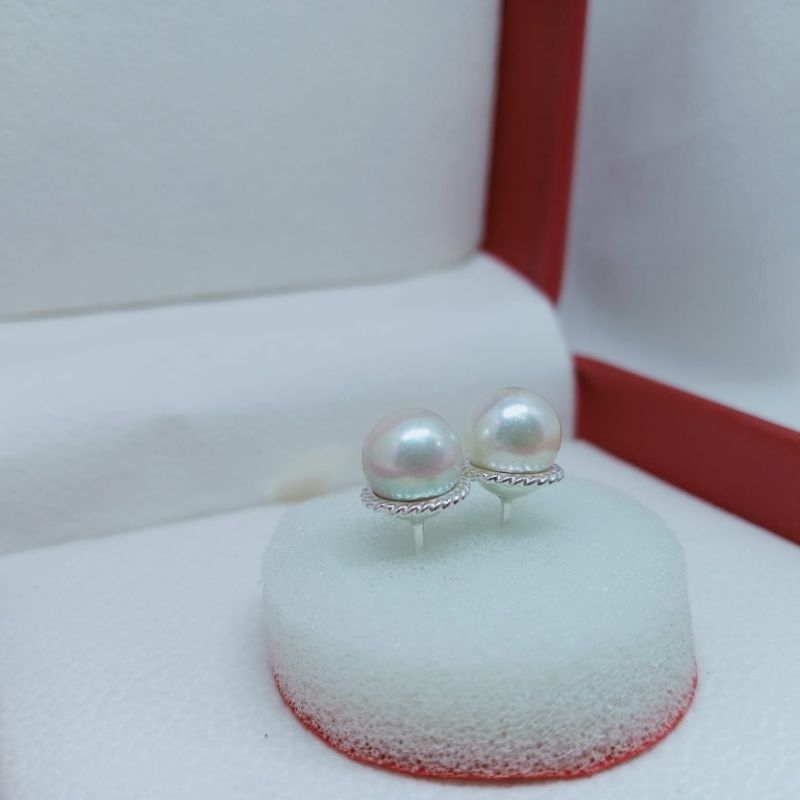 giwang stud mutiara air Laut grade A rangka perak