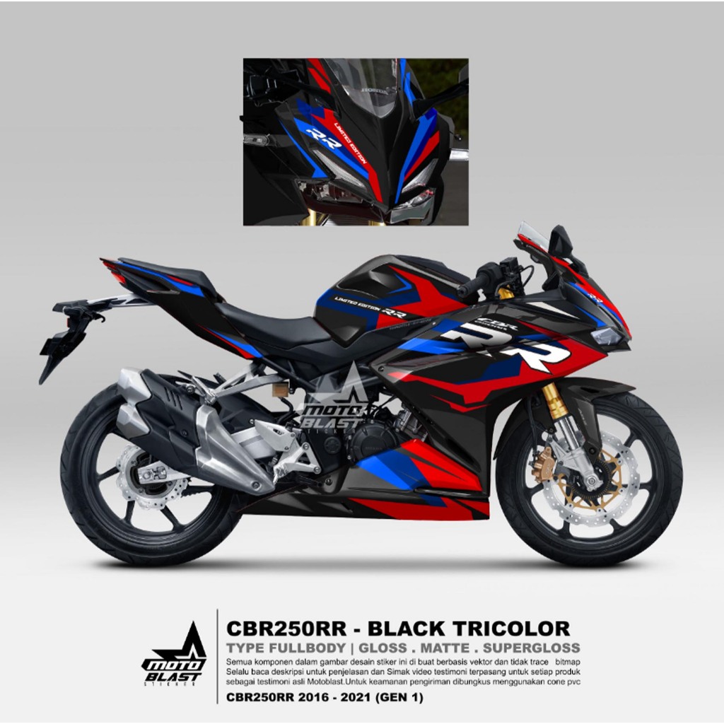 Decal Stiker Non Full/Full Body Honda CBR250RR 2016-2022 Black Tricolor BMWe Motoblast