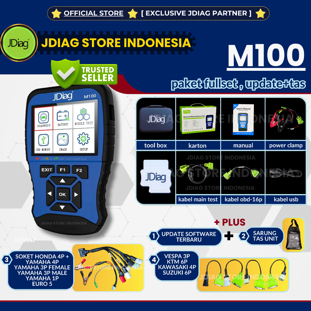 ORIGINAL GARANSI  JDIAG M100 BIRU SCANNER MOTOR JDIAG M 100 SCAN SEPEDA MOTOR HONDA ECU OBD2