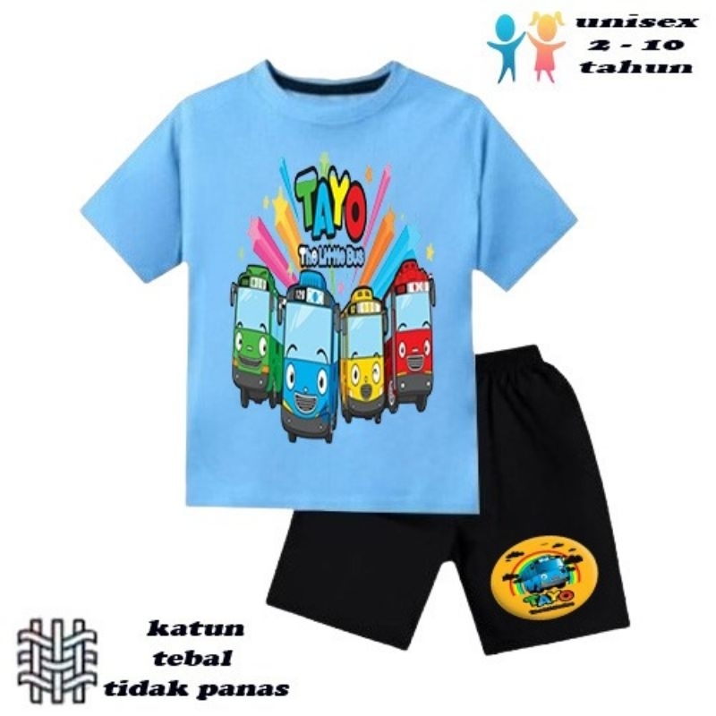 setelan baju anak laki-laki perempuan baju kaos anak laki-laki perempuan motif tayo  umur 2-10 tahun