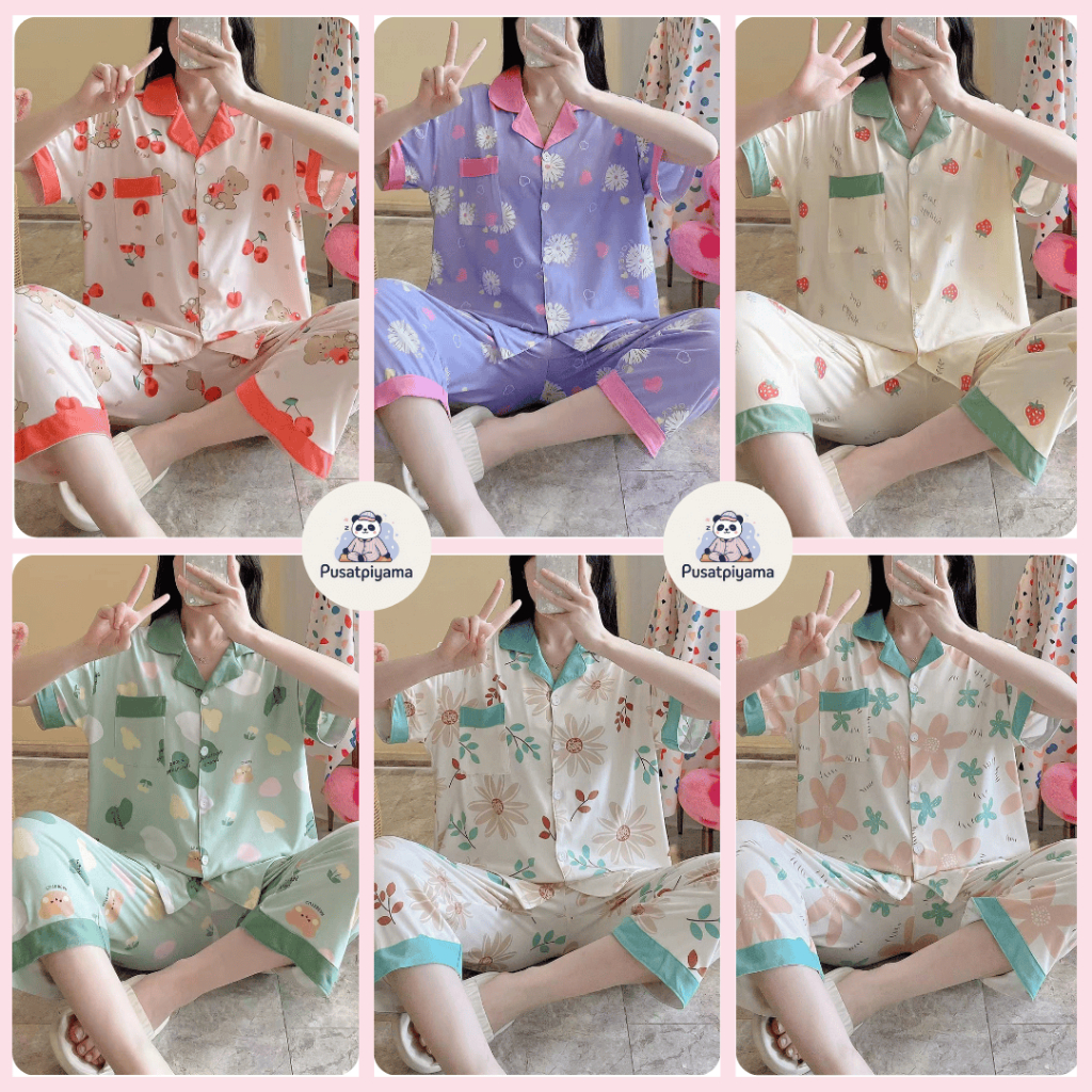 Baju Tidur Piyama Set Wanita Lengan Pendek Celana 7/8 Import / PusatPiyama