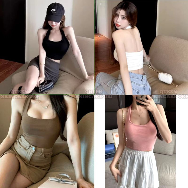 QS241 TENGTOP SEXY U-NECK HALTER | TANK TOP CROP ATASAN WANITA TANPA LENGAN