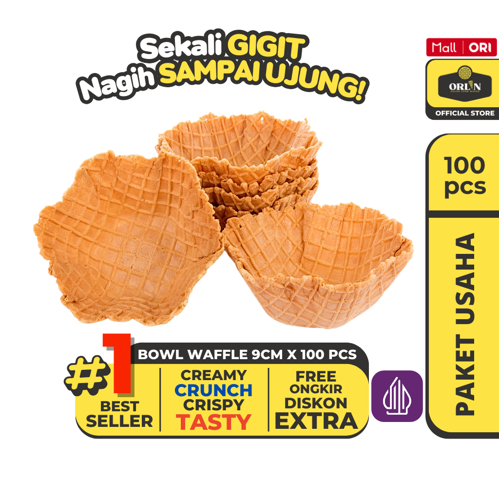 

ORLIN Paket Usaha Bowl Waffle Cone Ice Cream 9cm x 3cm isi 100pcs Sekali Gigit, Nagih Sampai Ujung