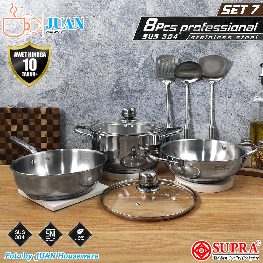 SUPRA 8 pcs panci set stainless steel SUS 304 impact bottom Professional Set 7 / cookware set penggo