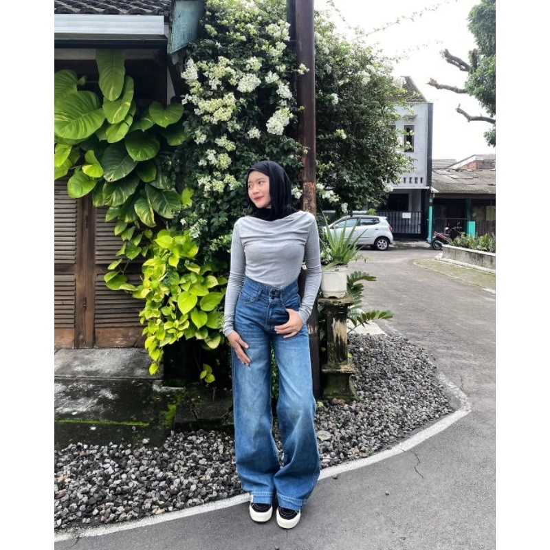Celana Jeans Kulot Baggy Gombrong Pants Outfit Skena Gombrong Loose-fitting Y2K Shabby Chic Biru Hit