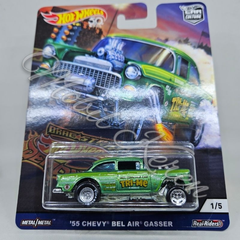 Diecast Hot Wheels Premium Drag Strip Demons 55 Chevy Bel Air Gasser green Tri-Me ban karet
