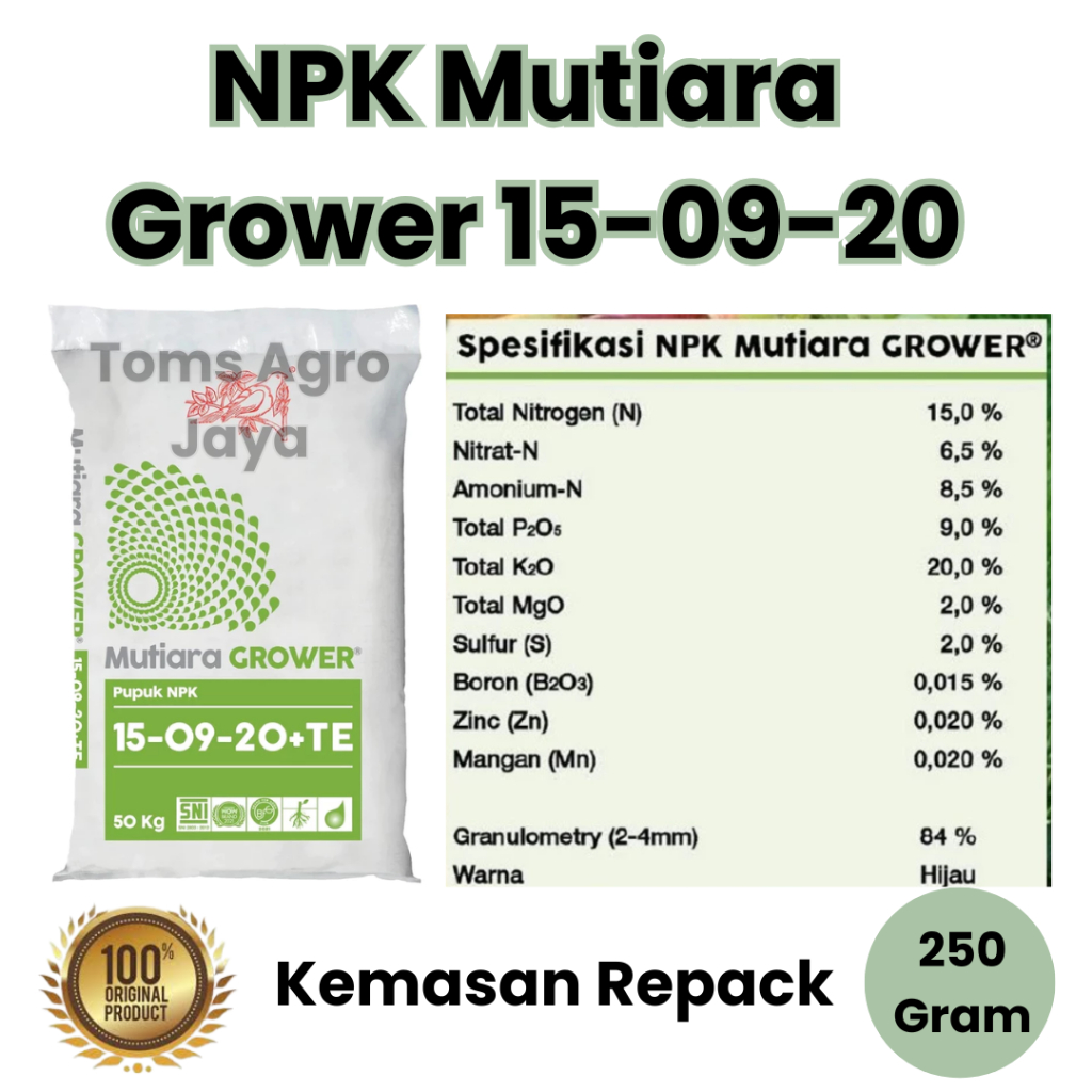 Pupuk NPK Grower 250 Gram Repack 15 09 20 TE Mutiara Meroke Nutrisi Pertumbuhan Daun Bunga Buah Tana
