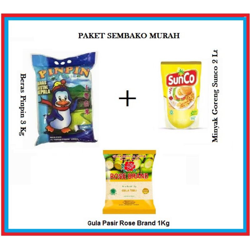 

Paket Sembako Murah - Beras Pinpin 3Kg + Minyak Sunco 2L + Gula Rose Brand 1Kg
