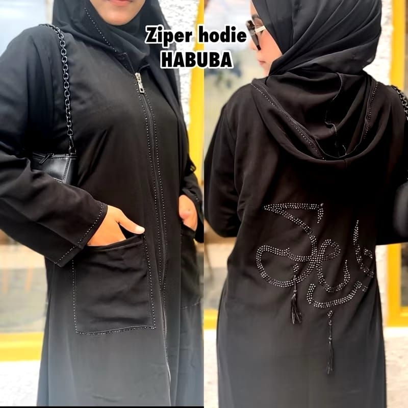 abaya hitam kaligrafi hoodie gamis abaya hitam terbaru abaya kaligrafi zeper hoodie habuba