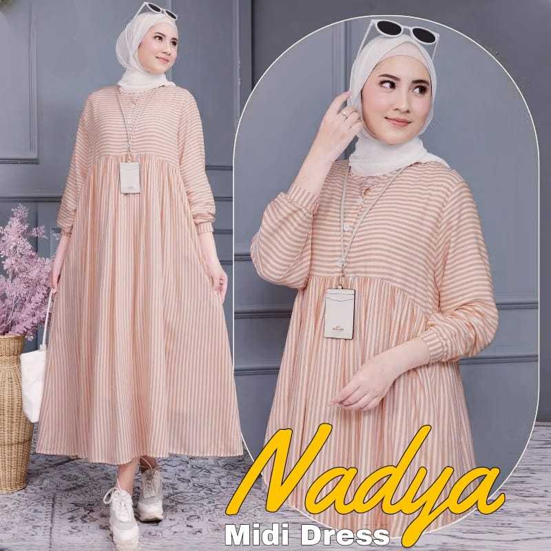 Nadya Dress | Katun Viscose Salur Muslim Casual Mewah Salur Elegan Premium | Fashion Muslim Kekinian