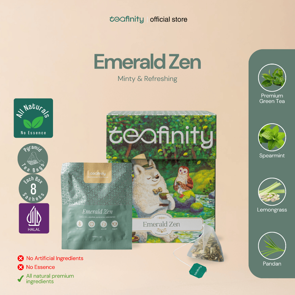 

Teafinity Emerald Zen | Box| Green Tea Pandan Spearmint Lemongrass | Teh Hijau Mint Relaksasi Fokus