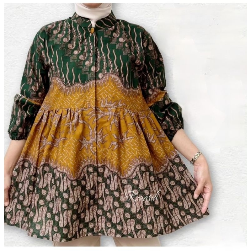 ALINI HIJAU Blouse Batik Cantik Blouse Batik Lengan Balon Blouse Batik Kerja - Bahan Matt Katun Halu