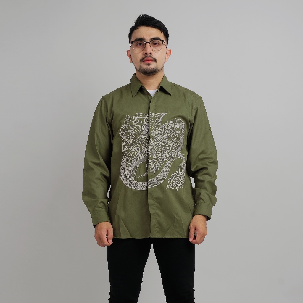PAKAJI Kemeja Bordir Motif Naga Hijau Panjang 1894