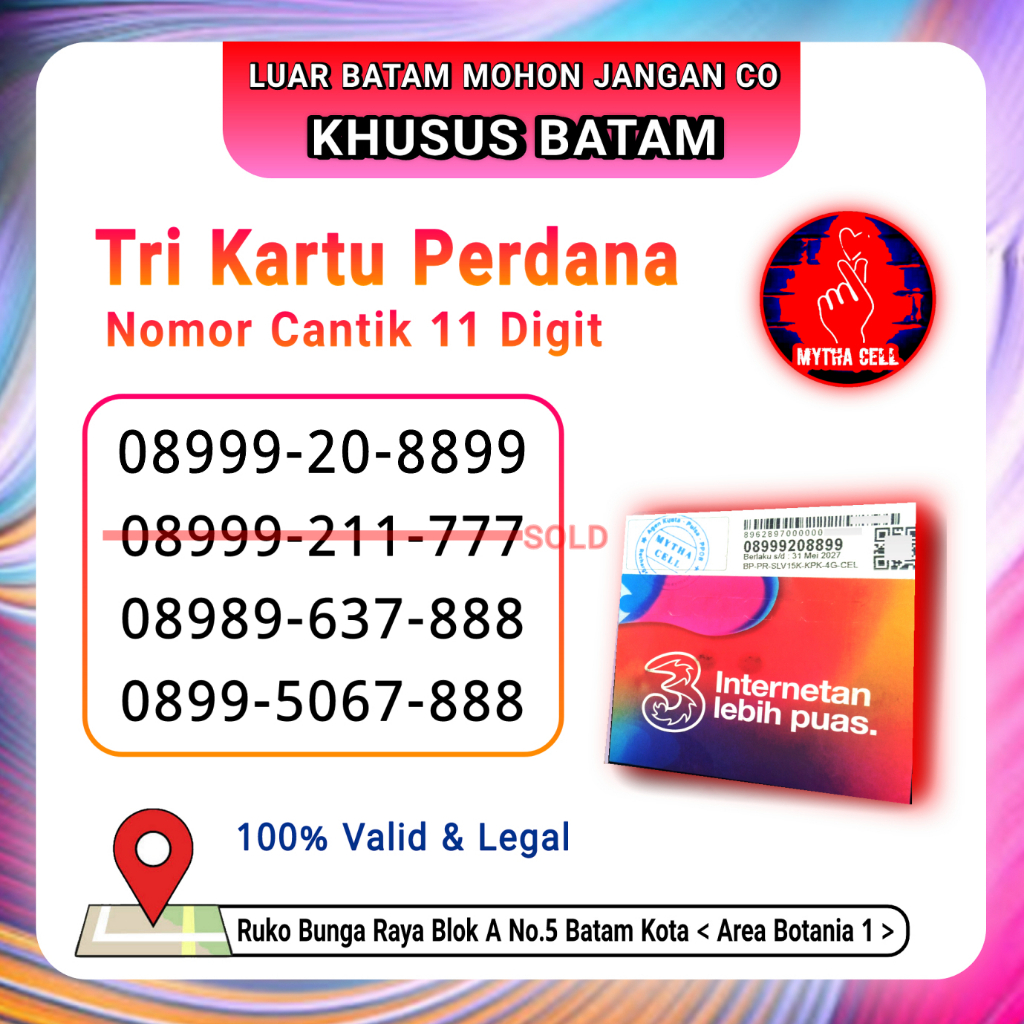 Kartu Perdana Tri Nomor Cantik 11 Digit - KHUSUS BATAM
