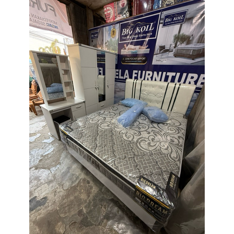 PAKET LAMARAN DIVAN & KASUR SPRINGBED PLUSHTOP BIGDREAM tebal 26cm & LEMARI PAKAIAN 3 PINTU+MEJARIAS